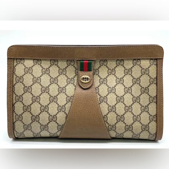 💯 Authentic Gucci suprime GG Sherry Line PVC Brown Clutch Bag NS080844 - Picture 1 of 15
